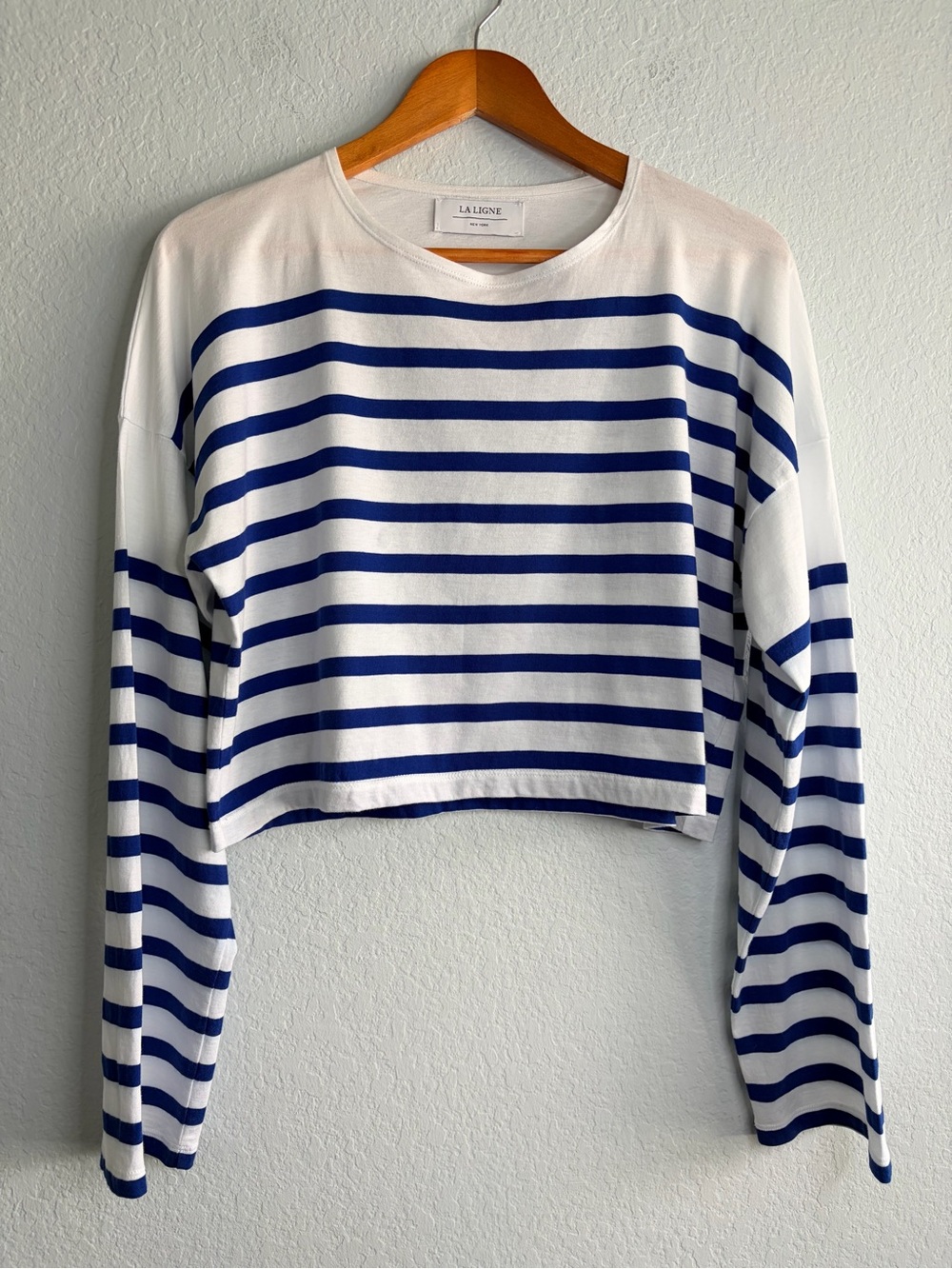 La Ligne White and Blue Striped Cropped Crewneck Top, Made in Portugal, Size M